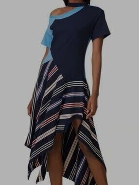 MONSE Navy and Light Blue Asymmetrical Striped Handkerchief Dress